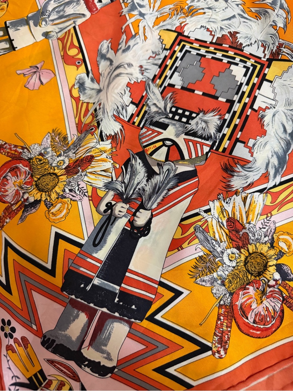 Hermès Orange Kachinas Silk Scarf By Kermit Oliver. - Picture 11 of 15